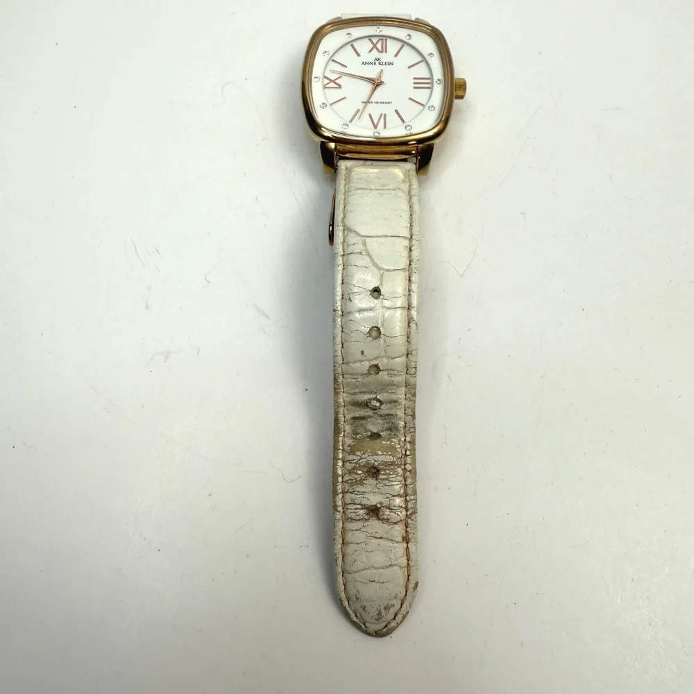 Anne Klein Quartz Watch Gold Tone White Dial Faux Croc Band Rhinestone Accents